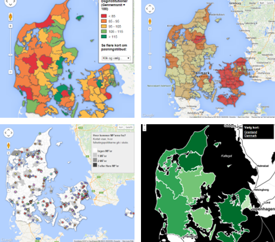 Fire eksempler på, hvordan kort fremstillet med Google Fusion Tables kan se ud.